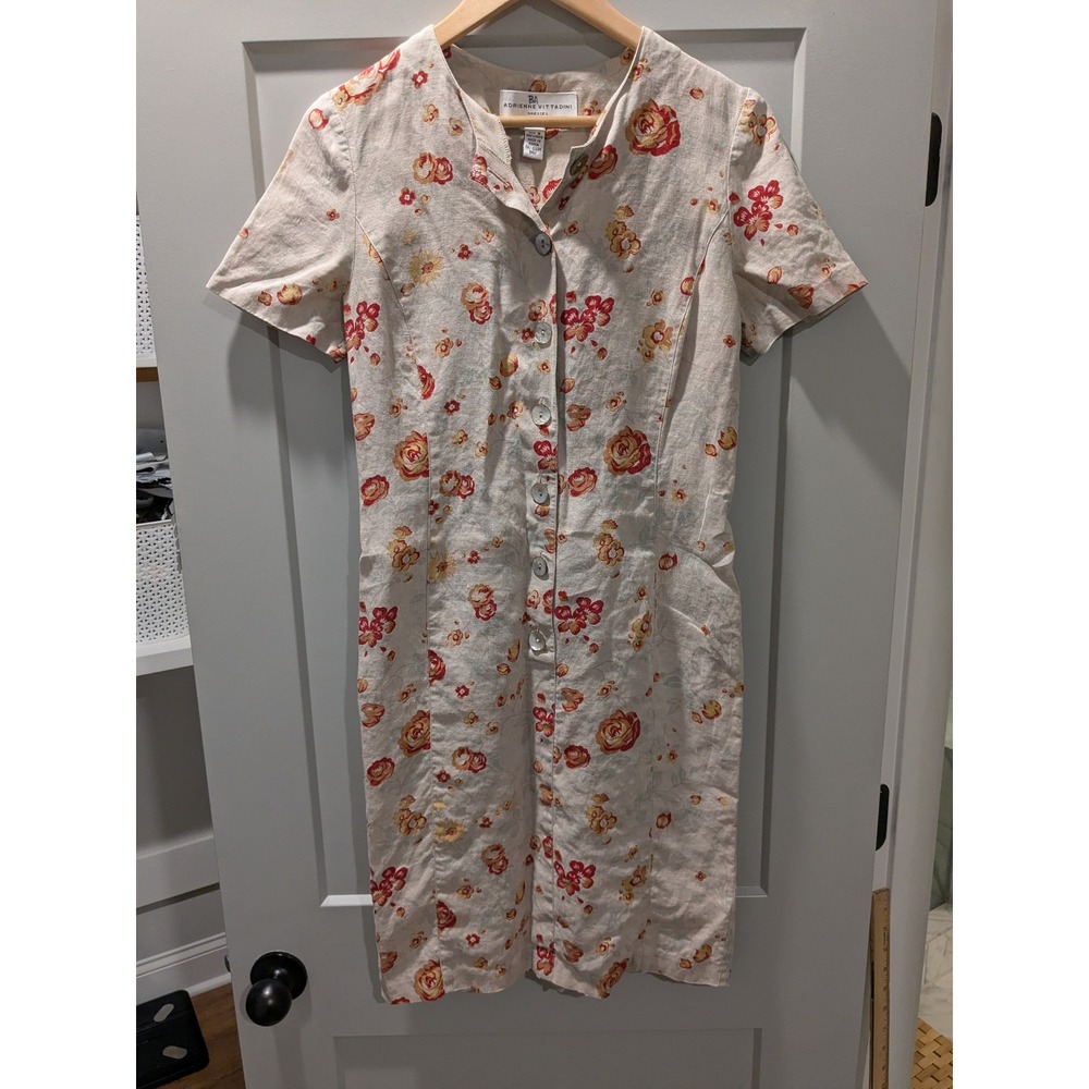 Adrienne Vittadini Linen Floral Button‎ Front Short Sleeve Dress Size 8
